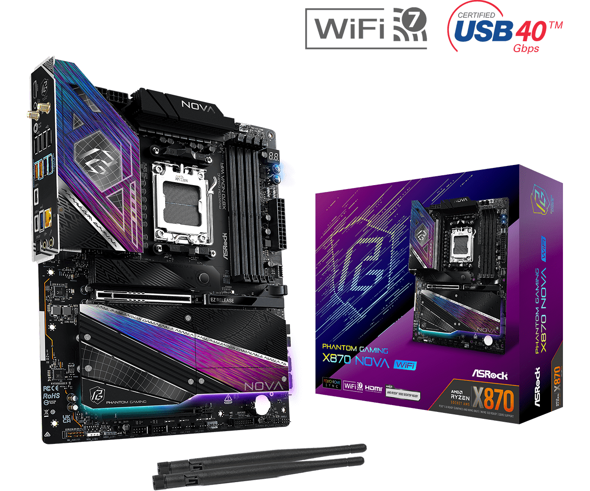 Asrock x870 nova wifi am5 atx matična plošča sprednji pogled