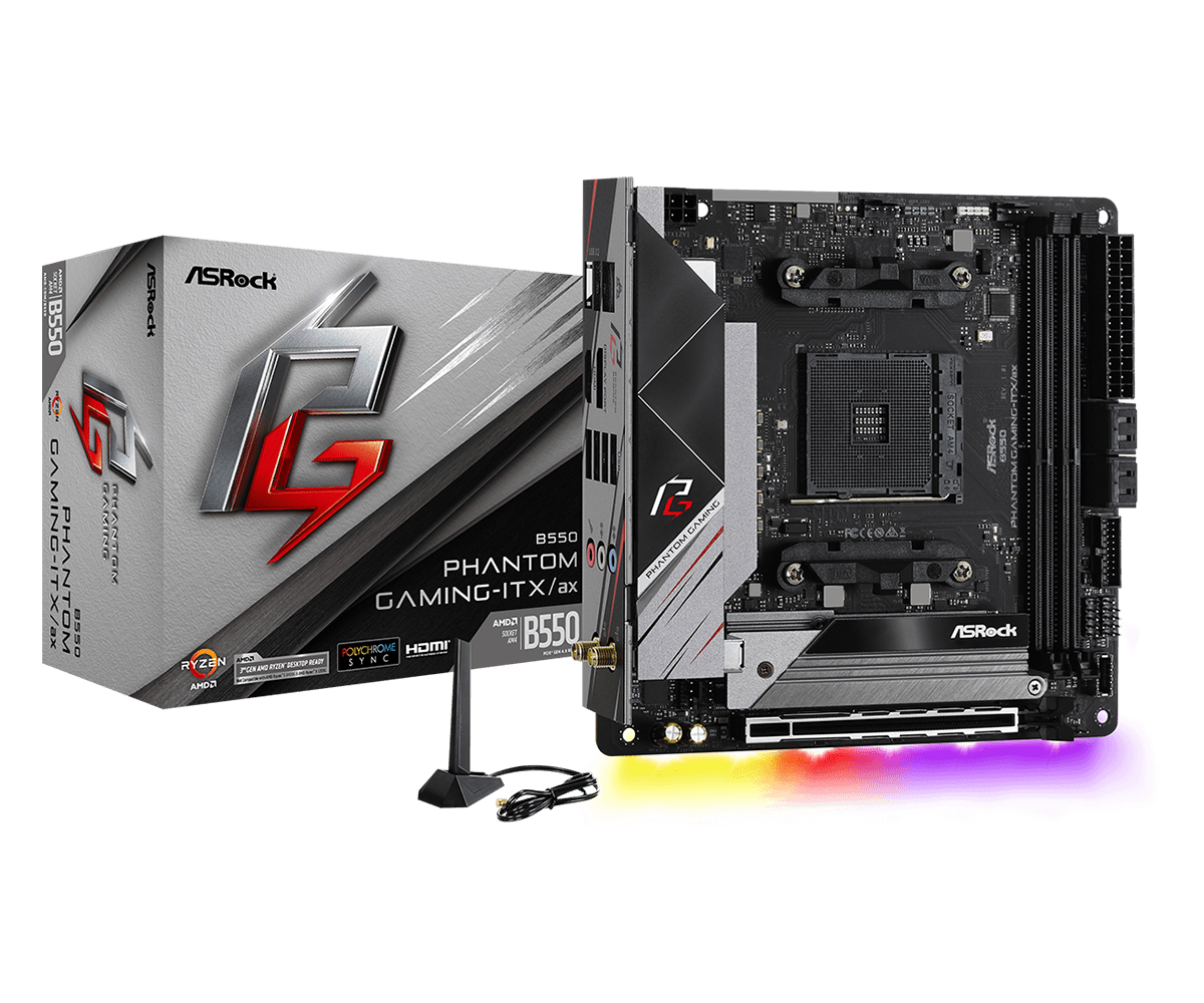 ASRock B550 Phantom Gaming-ITX/ax com embalagem e antena