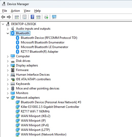 Check whether the WiFi and Bluetooth devices are properly detected in Windows Device Manager and that no yellow exclamation marks are shown.