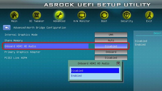 Disabled [Onboard HDMI HD Audio] option