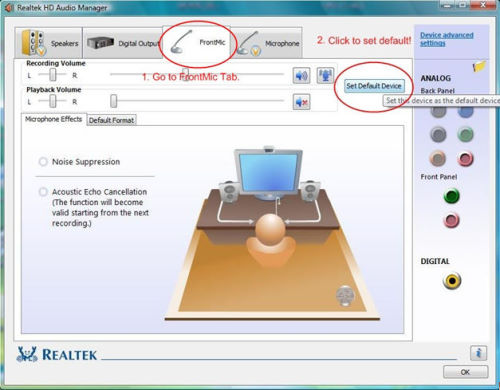 Click Set Default Device to make the Front Mic as the default record device.